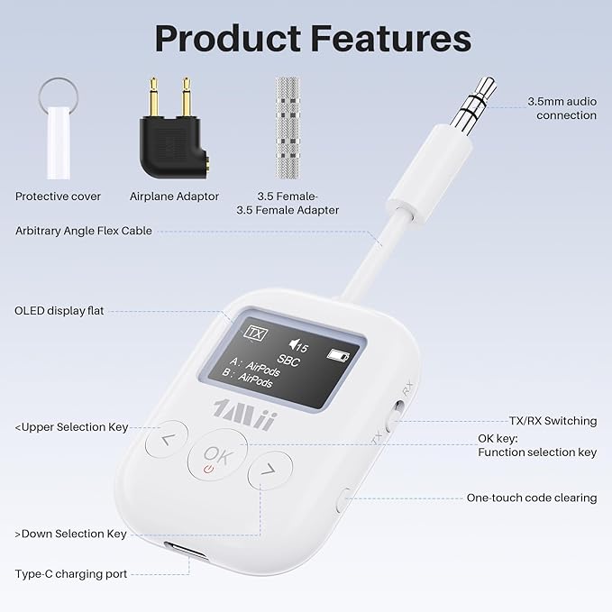 1Mii SafeFly Min+ Bluetooth Transmitter and Receiver,Bluetooth Adapter for Airplane, Supports to 2 AirPods/Headphones,Use with Any 3.5mm Jack on Airplanes, Gym, TVs, Car, Home, Boat(White)