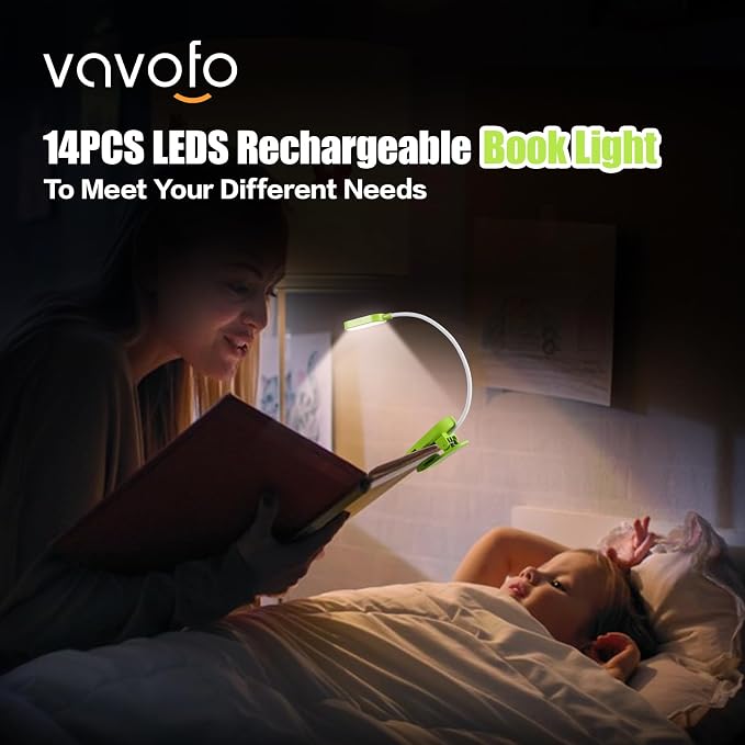 VAVOFO Rechargeable Book Light, 14 LEDs Eye Care Clip On Amber Reading Light - Image 2