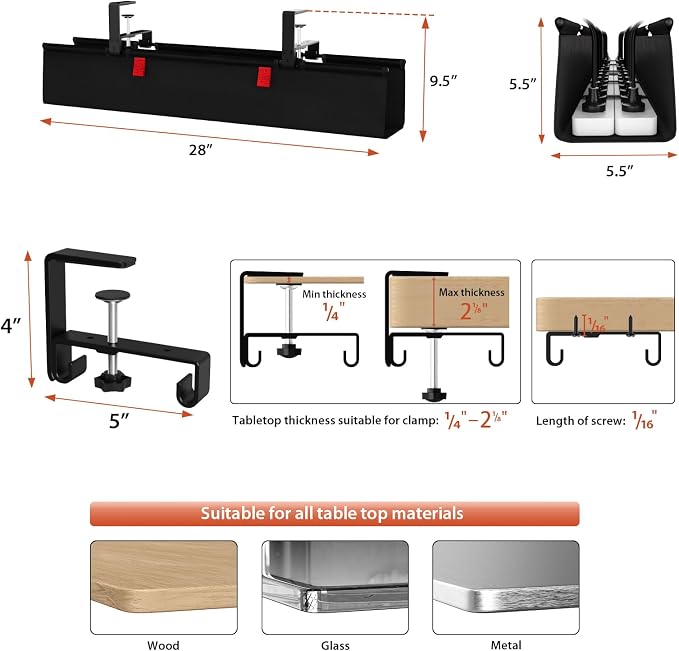 Univivi No Drill Under Desk Cable Management Tray, 28 inch Cable Management | - Image 4