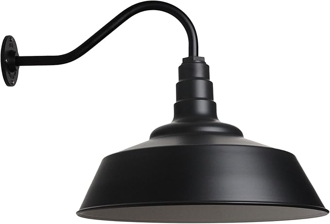 Steel Lighting Co. Large Outdoor Barn Light | Gooseneck Light Fixture | Made in America from 18-Gauge Steel | 20" Dome | 16" Gooseneck Matte Black Exterior/White Interior