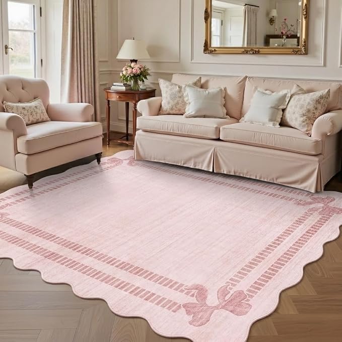 Latte&Fog Girls Bedroom 5x7 Pink Rug, Scalloped Bow Area Rugs Living Room | Non - Image 3