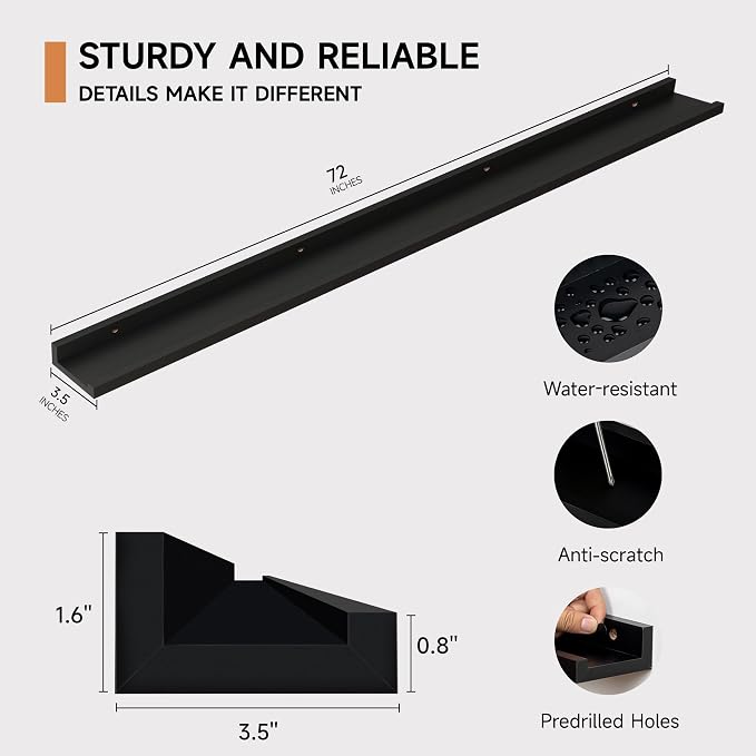 Floating Picture Ledge Shelves for Wall Set of 2, 72 Inches Picture Ledge Shelf - Image 3