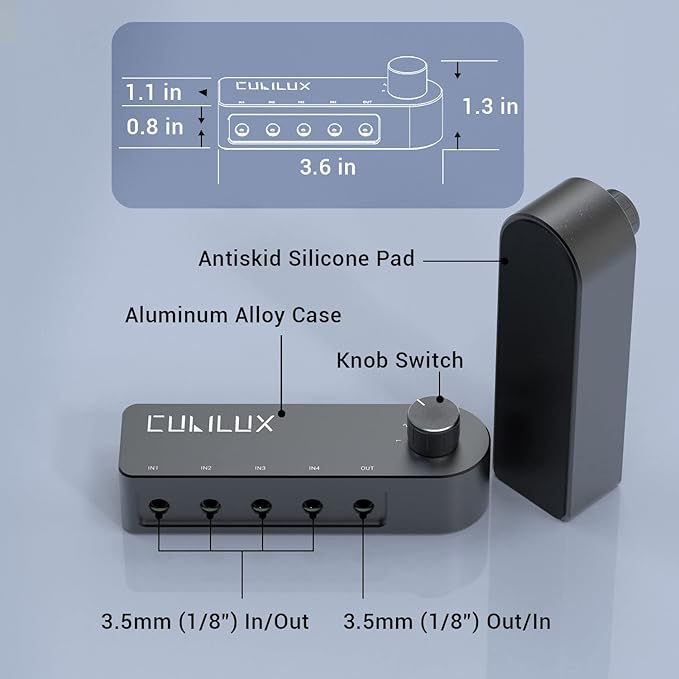 Cubilux Bidirectional 3.5mm Audio Switcher (1-in to 4-Out / 4-in to 1-Out), Stereo 1/8” Aux Selector Box for Speaker Headphones/Earphones, Audio Switch for Laptop Computer Smartphone Tablet