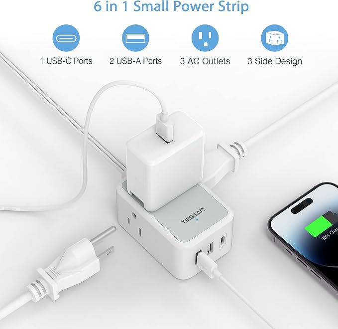 TESSAN Small Flat Plug Power Strip, Ultra Thin Extension Cord 5 ft, Wall Outlet - Image 3