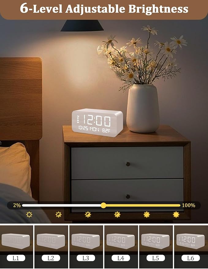JALL Digital Alarm Clock, with Wooden Electronic LED Time Display, 3 Alarm Settings, Humidity & Temperature Detect, Wood Made Electric Clocks for Bedroom, Bedside, Desk (White-Wireless)