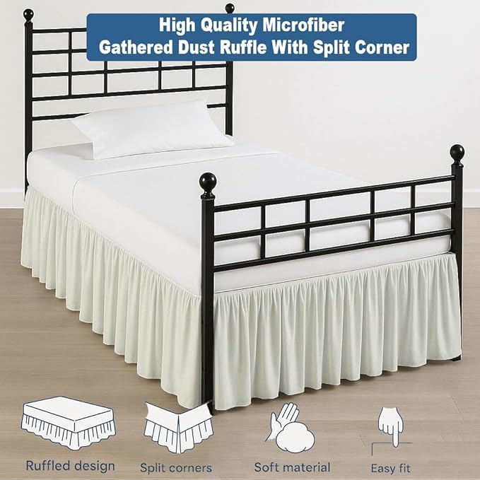 Ruffled Bed Skirt Split Corners with Platform, Tailored Fit Hotel Quality Wrinkle Free Ultra-Soft Microfiber Dust Ruffle, Upto 16 Inch Drop, Queen, Ivory