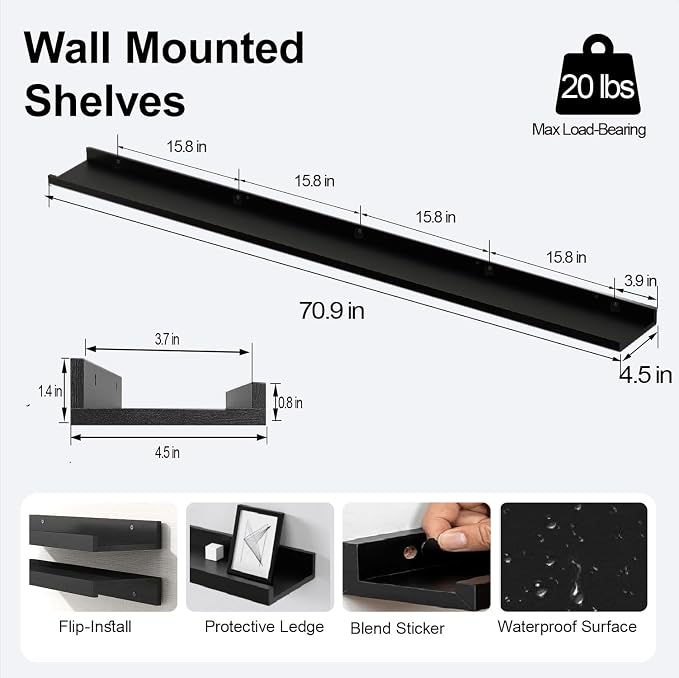 Black Floating Shelves for Wall Decor, 71 in Shelf - Image 3