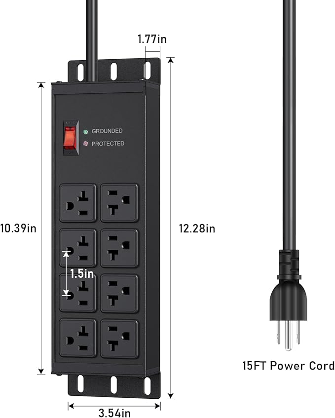 JUNNUJ Heavy Duty 20 Amp Surge Protector 4800J, Garage Metal 8 Outlets 12 Gauge, High Amp 5-15P Adapter Shop 6-20R T-Slot Industrial Outlet, 15 FT Extension Cord Commercial for Appliance