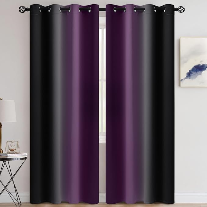 COSVIYA Grommet Ombre Blackout Purple and Black Curtains, W52 x L84 inch | Room - Image 2