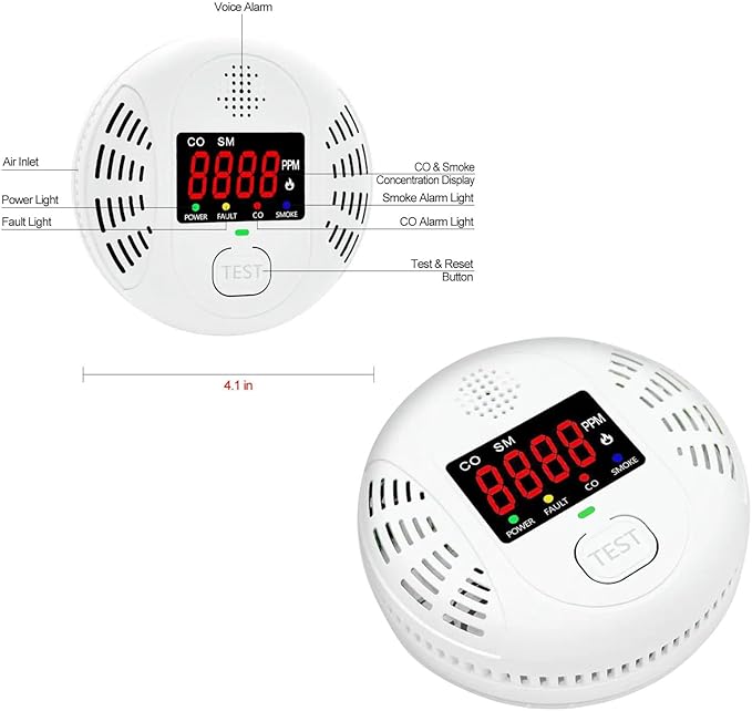 Vzmcov Carbon Monoxide and Smoke Detector Equipped with LCD Display, Battery Powered, Dual Sensor Alarm, 85dB Voice Alarm and Real-time CO Tracking, Suitable for Home/Kitchen/Bedroom/RV 1-Pack