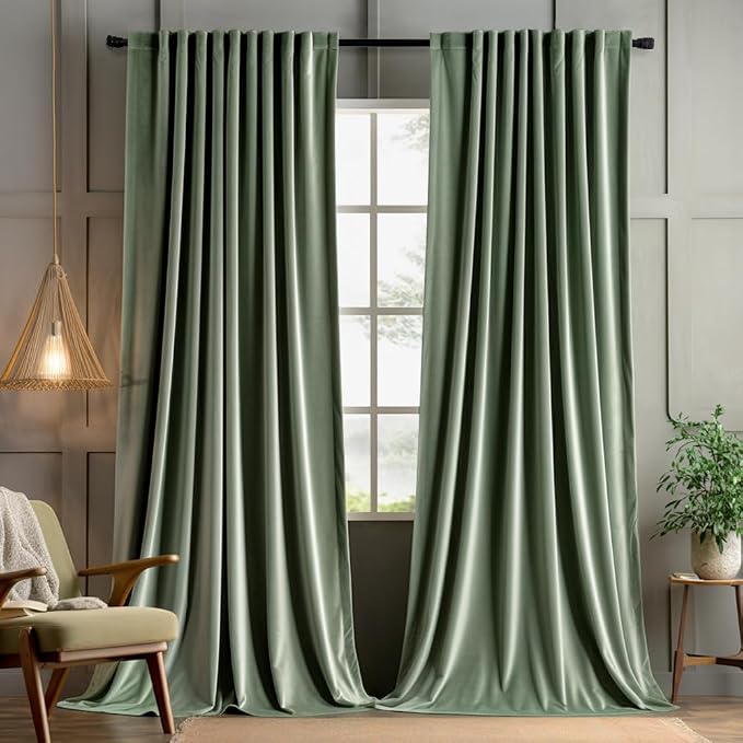 MIULEE Sage Green Velvet Pinch Pleat Blackout Curtains W52 X L84 Inches | 2 - Image 2