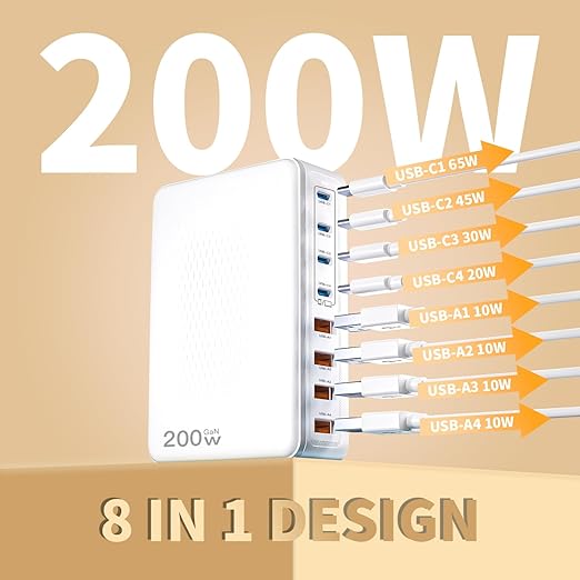 USB C Charger Block,200W Type C Charger Fast Charging,8 Port USB C & A Charging Station GaN III Desktop Hub Block Laptop Adapter for Apple iPhone Air/17/16/15,iPad Pro/Air/Mini,MacBook Pro/Air,Samsung