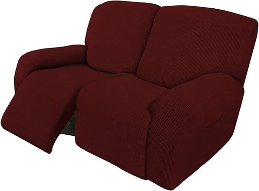 Easy-Going 6 Pieces Recliner Loveseat Stretch Sofa Slipcover Sofa Cover Furniture Protector Couch Soft with Elastic Bottom Kids, Spandex Jacquard Fabric Small Checks Wine