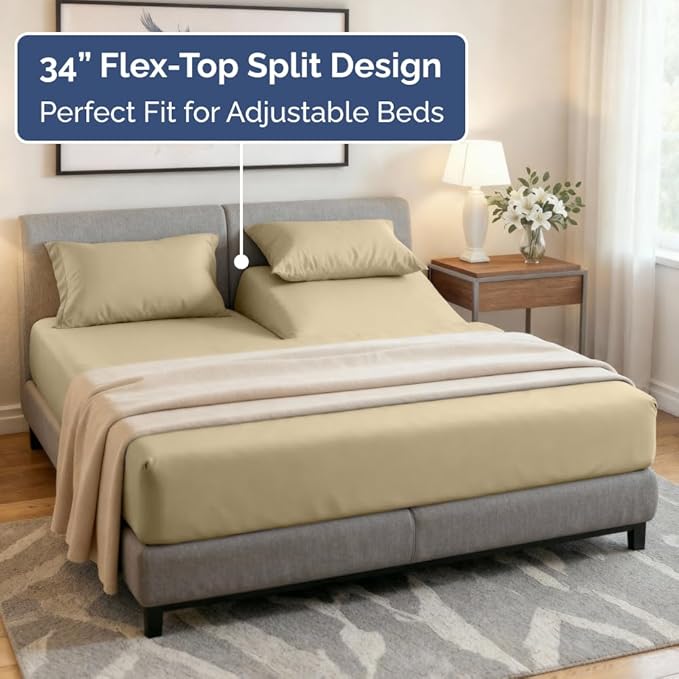 Split Head King Sheet Set – 4 Piece Flex Split Top King Sheets for Adjustable Beds - Fits 14” to 16" Mattress w/ Deep Pockets - Ultra-Soft, Breathable & Cooling - Luxury Bedding & Wrinkle Free - Beige