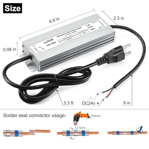 LLTOP LED Driver 60 Watts 100-264V AC to 24V DC 2.5A Power Supply Waterproof Low Voltage Transformer Ultra Thin Converter for Indoor Outdoor LED Lights
