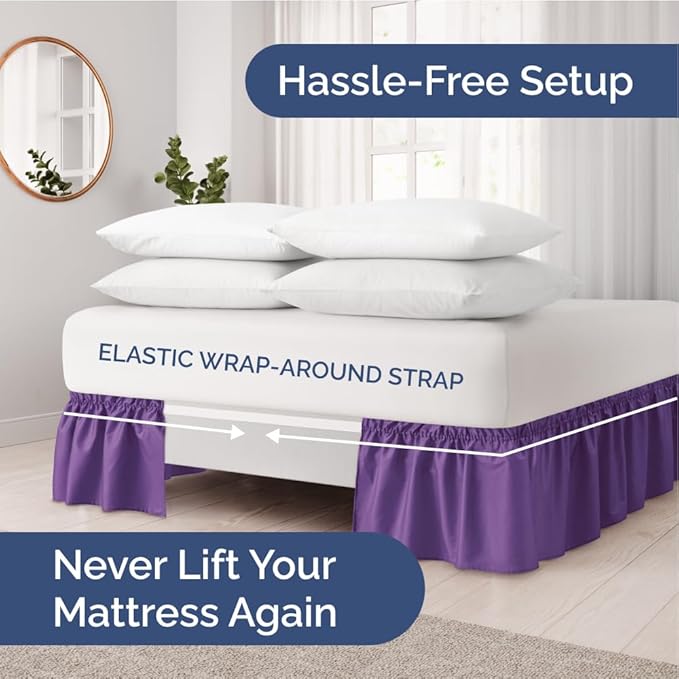 Wrap Around Dust Ruffle Bed Skirt - Purple - for Full Size Beds with 18 Inch Drop - Easy Fit Elastic Strap - Adjustable Pleated Bedskirt w/Brushed Fabric - Wrinkle Free - for Women, Men, Kids & Teens