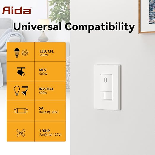 AIDA Single Pole Motion Sensor Light Switch w/Neutral Wire - 120° PIR Infrared Activation - CFL/LED/MLV/INC/HAL/Fan Compatible - UL Certified - 1 Pack,Matte White