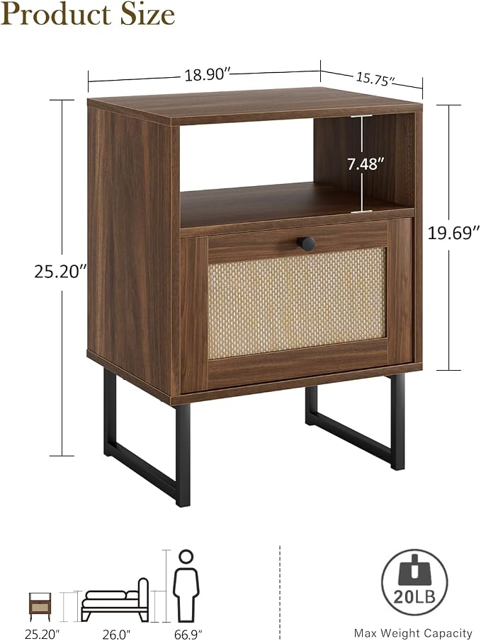 Masupu Extra Large Rattan Nightstand, Modern Boho Farmhouse Wood Bedside Table - Image 2