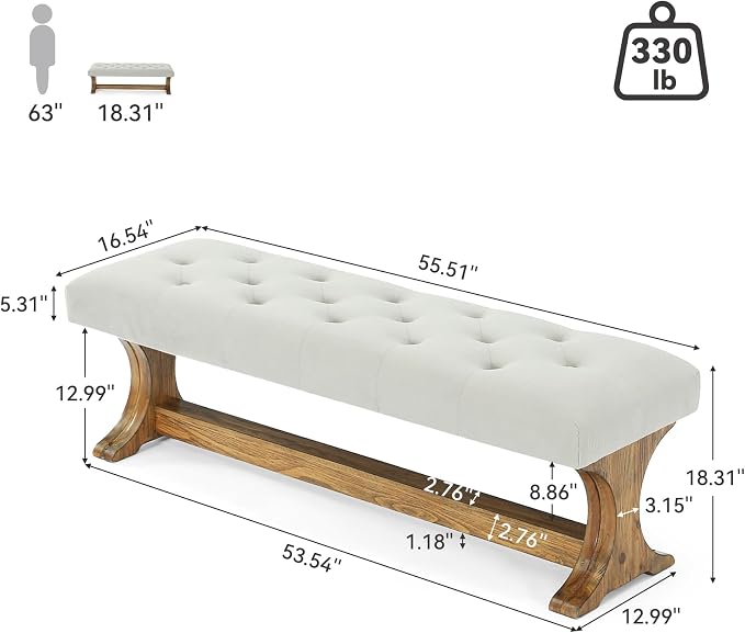 LITTLE TREE 55" Upholstered End of Bed Bench, Solid Wood Tufted Entryway Bench - Image 2
