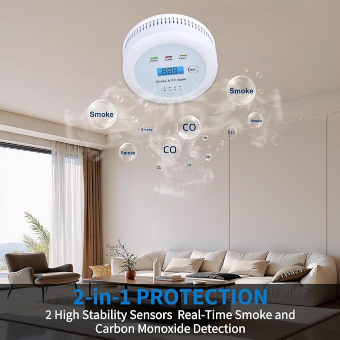 2 in1 Smoke Detector Carbon Monoxide Detector Combo,with LCD Digital Display and Sound Warning Test Button，Battery Powered，Easy Installation, for Home, Bedroom, Kitchen (3PACKS)