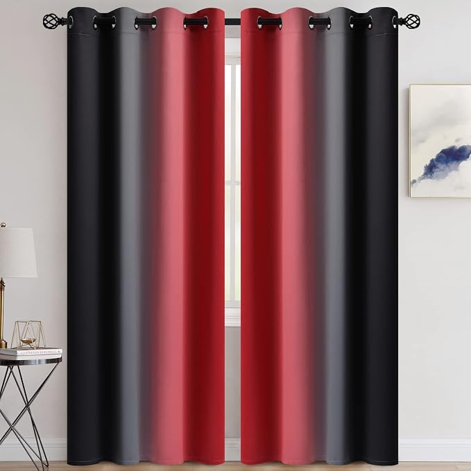 COSVIYA Grommet Room Darkening Ombre Red and Black Curtains W52xL90 inch | Red - Image 2
