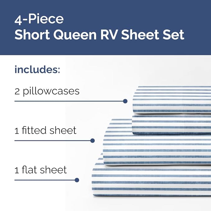 RV Short Queen Sheet Set 60 X 75 - 4 Piece RV Short Queen Bed Sheets - Soft, Breathable & Cooling - Designed for Bunks, Trailers & Campers - Fits 8” to 12" Mattress - Luxury Bedding - Blue Stripes 2