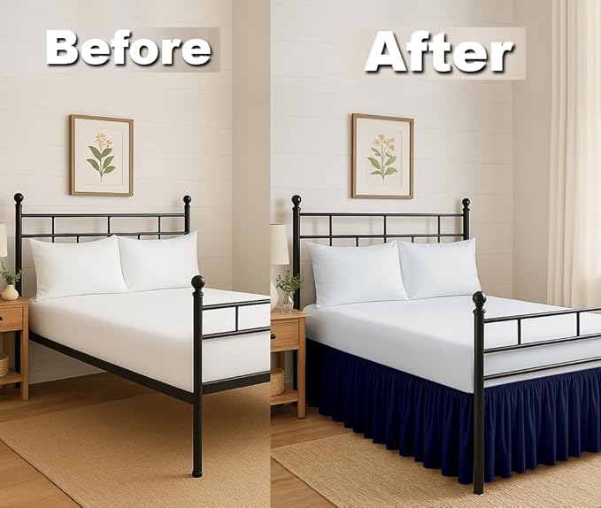 Ruffled Bed Skirt Split Corners with Platform, Tailored Fit Hotel Quality Wrinkle Free Ultra-Soft Microfiber Dust Ruffle, Upto 21 Inch Drop, Full, Navy Blue