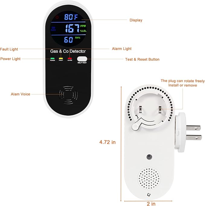 Koabbit Natural Gas & Carbon Monoxide Detector, Plug in Carbon Monoxide Alarm,Natural Gas Detector,Propane,4-in-1 Combustible Gas & CO Detector with Fahrenheit(°F) & Humidity for Home,RV,Apartment