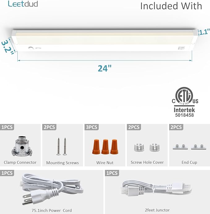 Leetdud Under Cabinet Lighting Plug in or Hardwired Built-in Dimmer, 24 Inch 12W, 5CCT 2700/3000/3500/4000/5000K, Linkable Counter Lights for Kitchen, ETL Dimmable LED Light Fixture, White