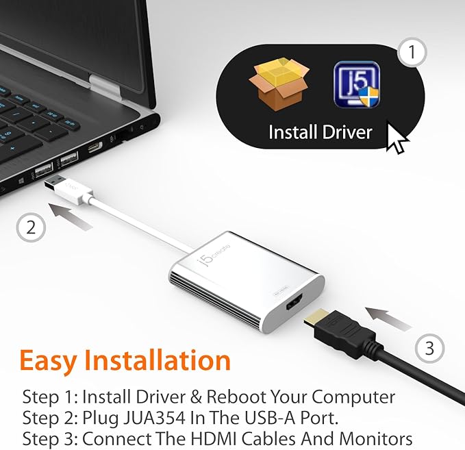 j5create USB 3.0 to 4K HDMI Display Adapter USB 3.0 Male Type-A Connector | HDMI Female Connector | 4K UHD | Resolution Up to 3840 x 2160 @ 30 Hz | Aluminum Housing (JUA354)