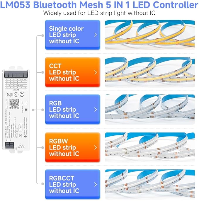 FCOB 5in1 LM053 Bluetooth Mesh PWM LED Controller SmartLife TuyaSmart APP Control for Dimming CCT RGB RGBW RGBCCT LED Strip Work with WR01RF WR02RF RC01RF RC02RF RC03RF RC04RF RC05RF RF Remote