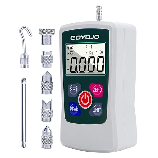 GOYOJO Digital Force Gauge High-Precision Push-Pull Meter for Tension & Compression Testing Units (N, kg, lb, oz) Real-Time/Peak/First Peak Modes Ideal for Quality Control & Material Testing (20N)