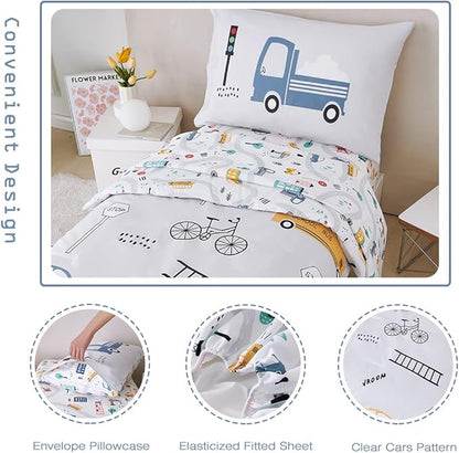 PERFEMET 4 Pcs Toddler Bedding Set - Soft Reversible Cars, Bus, Trucks Print Toddler Bed Set for Boys & Girls - Matching Sheet Set (Light Grey, Taxis/Bus/Trucks)