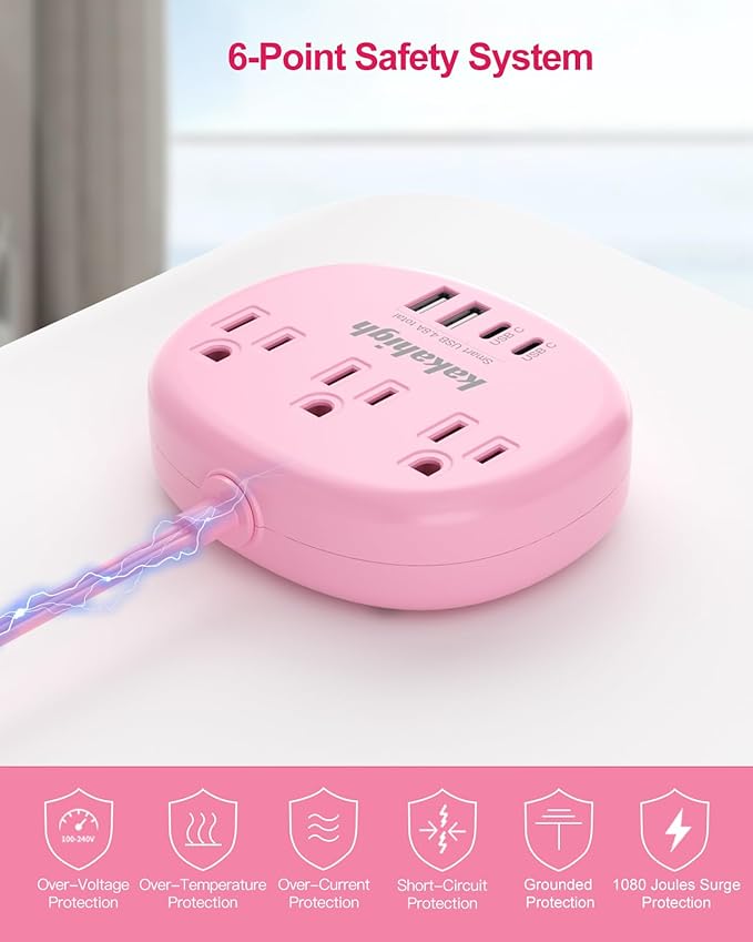 Pink Extension Cord - 10 FT Flat Extension Cord, 1625W Cute Extension Cord with 3 AC Outlet 4 USB (24W/4.8A), Compact for Cute Pink Kawaii Desk Home Essentials