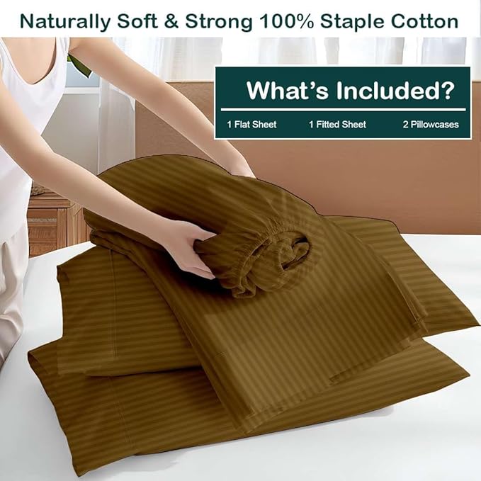 NON Sticky cotton Twin Size Sleeper Sofa Sheets, 4 Piece Egyptian Cotton Bed Sheet Set for Sofa Bed, 8" Deep Pocket for Pull Out Couch Mattress, 39" x 75", Taupe Stripe, Soft & Breathable