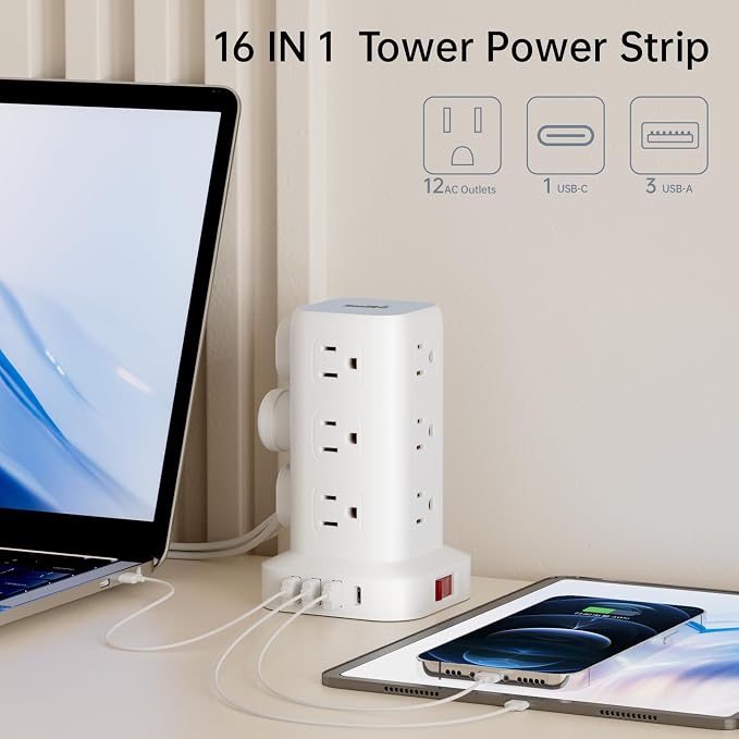 Extension Cord with Multiple Outlets, SMALLRT Flat Plug Power Strip Tower - Image 2