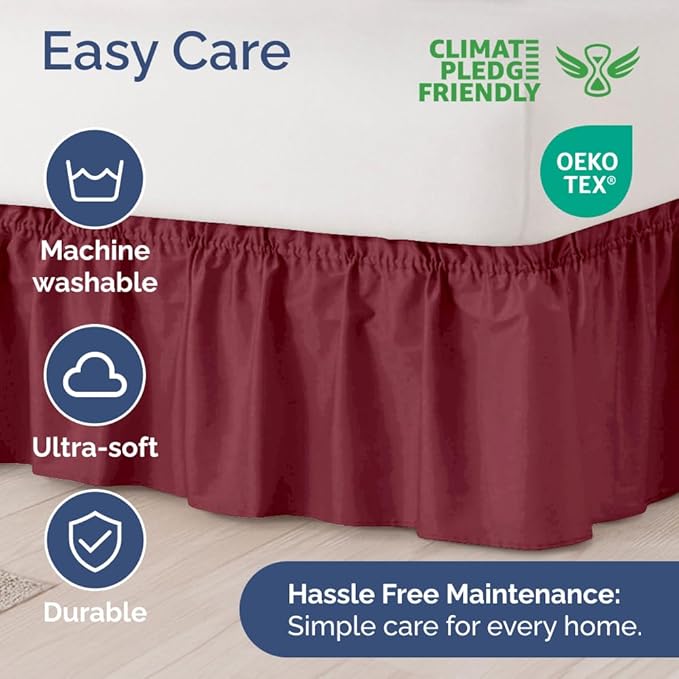 Wrap Around Dust Ruffle Bed Skirt - Burgundy - for Full Size Beds with 15 Inch Drop - Easy Fit Elastic Strap - Adjustable Pleated Bedskirt w/Brushed Fabric Wrinkle Free - for Women, Men, Kids & Teens