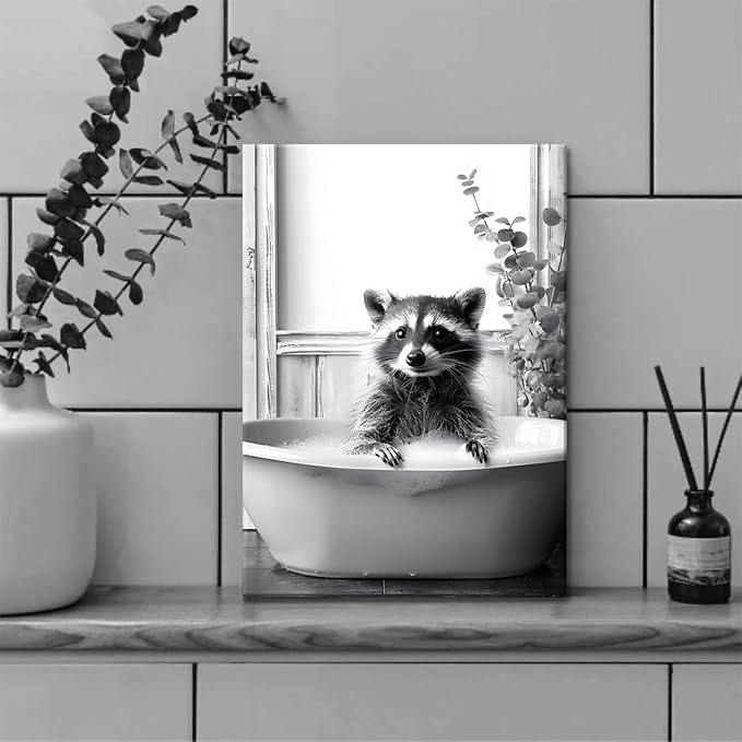OIQArtOIQ Funny Bathroom Framed Wall Art Black and White Animal Canvas Wall Art - Image 4