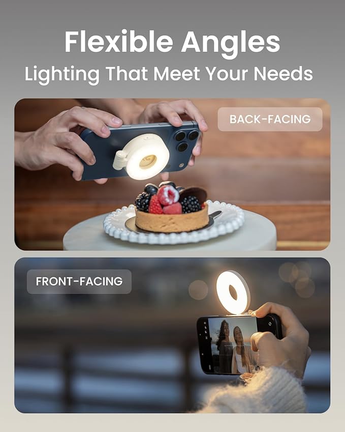 KraftGeek Magnetic Selfie Light for iPhone, Portable Phone Ring Light with Rechargeable Battery, Compact LED Phone Light for Travel, Video Recording, Vlogging