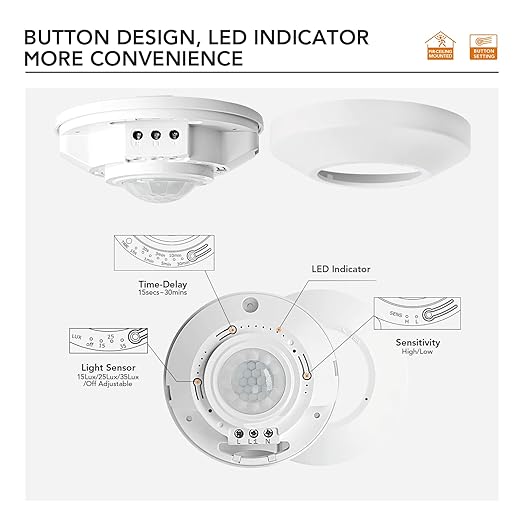 RAYZEEK Ceiling Mount Motion Sensor,360 Motion Sensor,110V-265V,1100W,Occupancy Sensor Switch for Ceiling, 8-12M High Sensitive Motion Sensor Light Switch,PC Fireproof(5A,Neutral Wire Required)