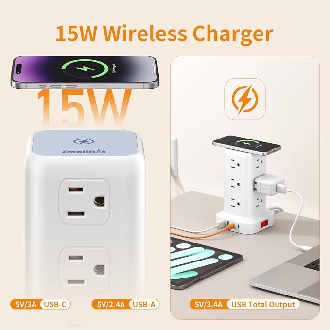 Extension Cord with Multiple Outlets, SMALLRT Power Strip Tower, 10FT Outlet - Image 3