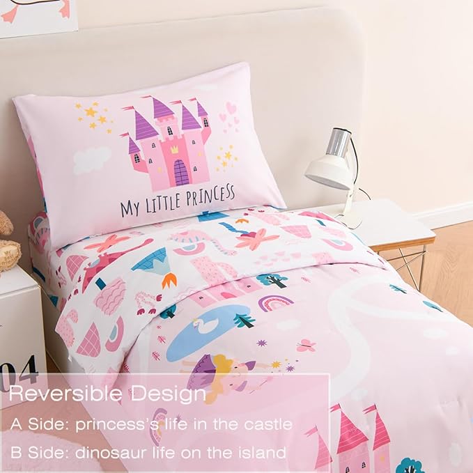 PERFEMET 4 Pcs Twin Bedding Set for Girls Pink Castle Kids Bed in A Bag Comforter Set Ultra Soft Reversible Fairy Tales Themed Bedding Comforter with Sheet Set for All Seasons(Pink, Castle)