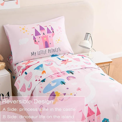 PERFEMET 4 Pcs Twin Bedding Set for Girls Pink Castle Kids Bed in A Bag Comforter Set Ultra Soft Reversible Fairy Tales Themed Bedding Comforter with Sheet Set for All Seasons(Pink, Castle)
