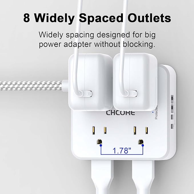Surge Protector Power Strip - CHCORE 15Ft Braided Extension Cord with 8 Outlets with 4 USB (2 USB C) Charging Ports, Flat Plug Multi Plug Outlet Extender Charging Station for Home Office, ETL, White