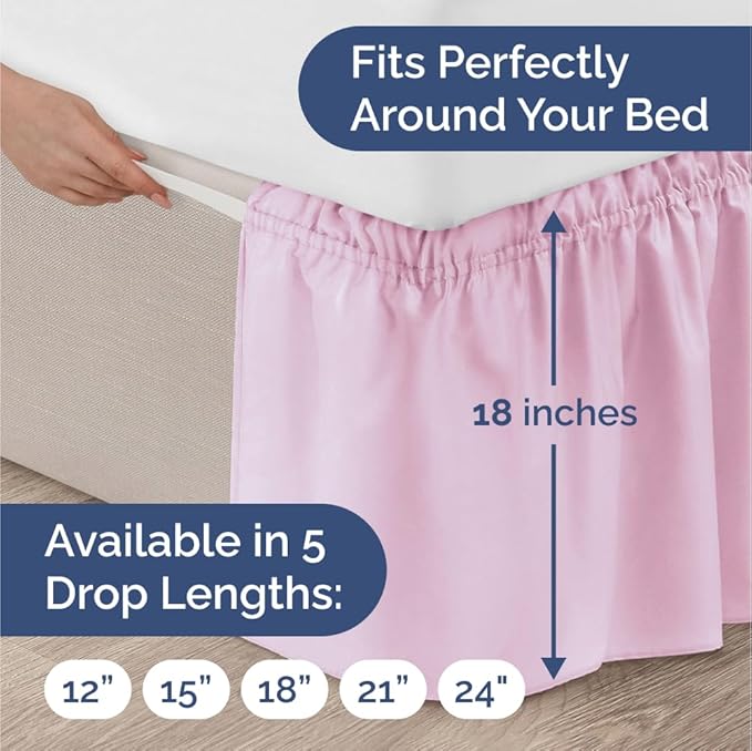 Wrap Around Dust Ruffle Bed Skirt - Light Pink - for Full Size Beds with 18 Inch Drop - Elastic Strap - Adjustable Pleated Bedskirt with Brushed Fabric and Wrinkle Free - for Women, Men, Kids & Teens