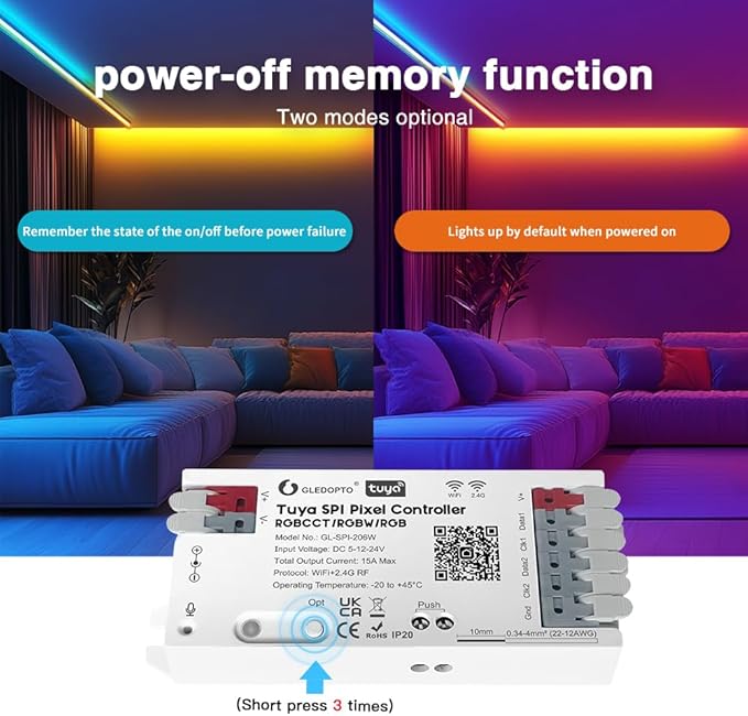 Sogledwow WiFi Tuya SPI Digital Pixel LED Strip Light Controller Smart Life App Control Over 40 Dynamic Lighting Easy to Setup for WS2811 TM1814B TM1934A SK6812 WS2801 WS2805 UCS2904B