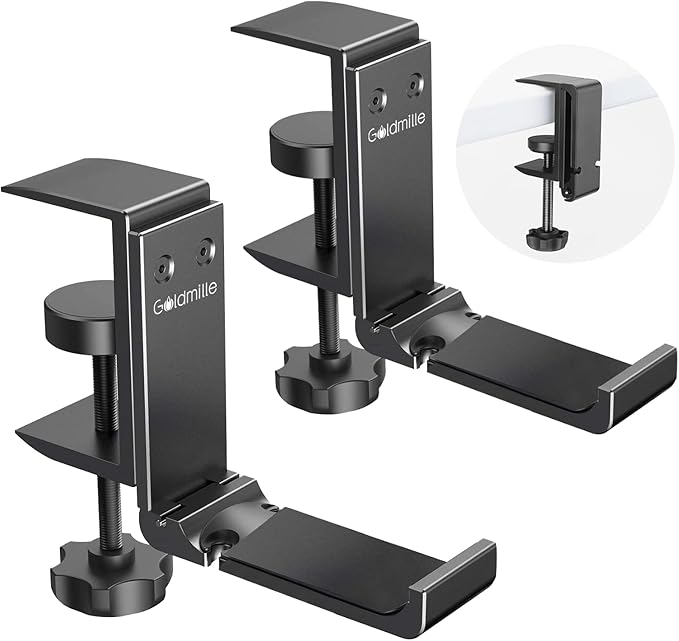 Goldmille 2 Pack Aluminum Headphone Stand Hanger Foldable with Cable Clip - Headset Holder Clamp Hook Under Desk, Save Your Space While Working & Gaming