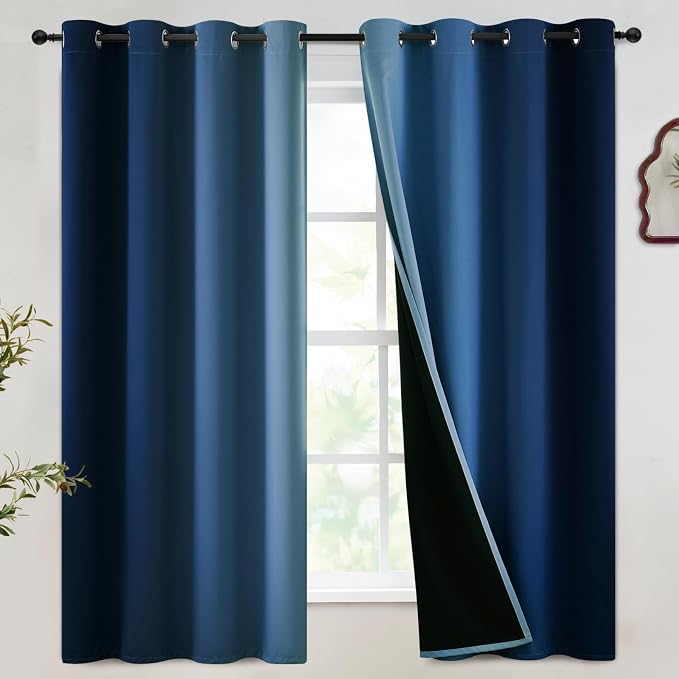SimpleHome 100% Blackout Ombre Bedroom Curtains Blue and Greyish White by SimpleHome