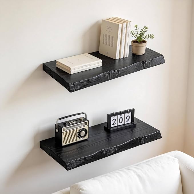 Black Live Edge Floating Shelves, Solid Wood, Heavy-Duty Hidden Brackets - Image 2