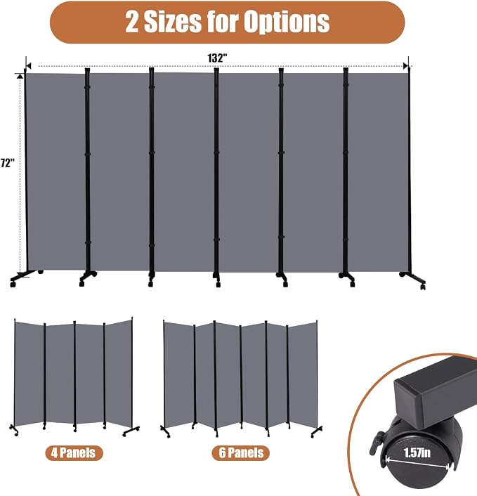 Room Divider 6FT Tall Folding Privacy Screens, 6 Panel Wall Divider w/Wheel | - Image 5